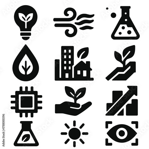 Eco Innovation Icons. Green Innovation silhouette icon set: light bulb with leaf, wind swirl, energy wave, research flask, biofuel droplet, microchip, sustainable city, growth