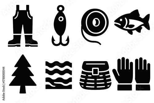Brutalist Angling Icons. River Angling silhouette icon set: waders, lure, line, fish, tree, river, basket, gloves.