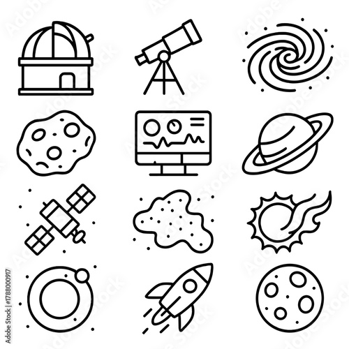 Cosmic Observation Icons. Cosmic Observation linear icon set: space observatory, telescope, control console, data visualization, galaxy core, asteroid, satellite, planet ring,