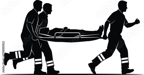 Emergency medical services team running with patient on stretcher silhouette vector Urgent paramedic rescue transport graphic illustration