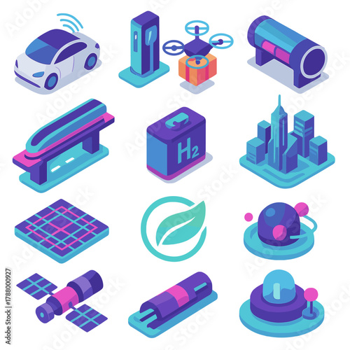 Futuristic Transport Icons. Future of transport modern flat icons set: autonomous EV, highway charger, drone delivery, hyperloop pod, magnetic rail, smart road, hydrogen cell,