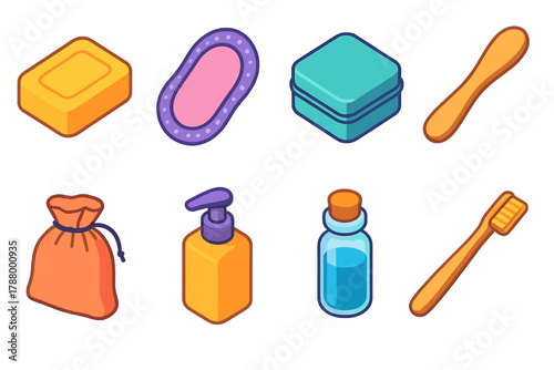 Zero Waste Beauty Icons. Zero Waste Beauty modern flat icons set: solid soap bar, reusable pad, metal tin, wooden spatula, fabric pouch, refill bottle, glass vial, bamboo