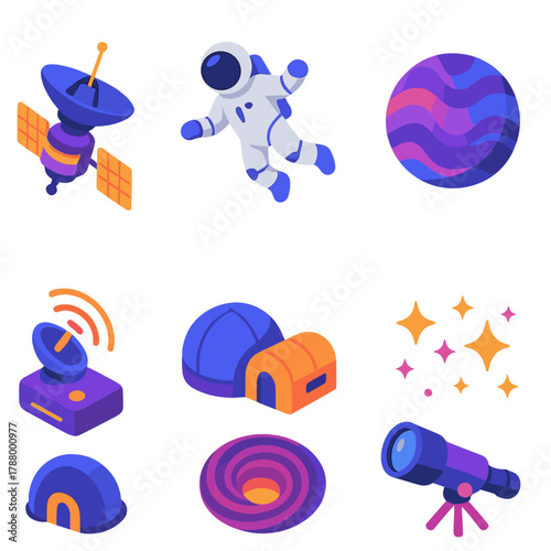 Interstellar Icon Set. Interstellar Exploration modern flat icons set: deep-space probe, astronaut floating, alien planet, star cluster, laser communicator, space habitat, wormhole