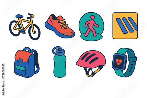 Active Commuting Icons. Active Commuting modern flat icons set: bicycle, walking shoes, pedestrian path, crosswalk, backpack, reusable bottle, helmet, smartwatch.