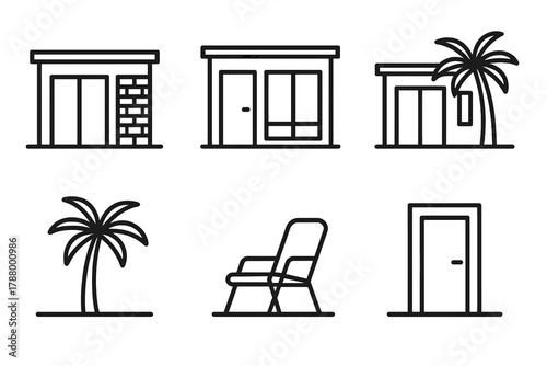 Modern Architectural Icons. Architectural Style linear icon set: flat roof, large window, brick wall, patio chair, palm tree, door.