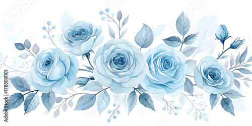 Blue rose watercolor floral arrangement isolated on transparent or white background. Flower png.