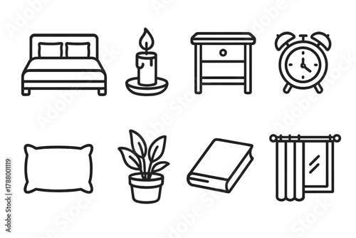 Minimalist Bedroom Icons. Peaceful Bedroom linear icon set: bed, candle, nightstand, alarm clock, plant pot, book, curtain, soft pillow.