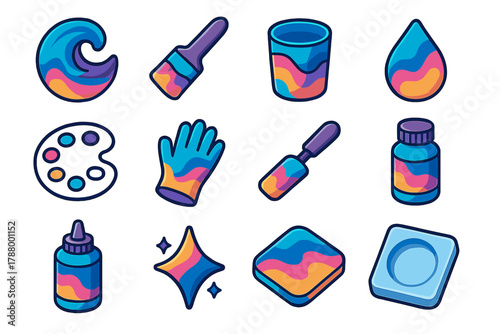 Vibrant Resin Icons. Abstract resin designs modern flat icons set: color swirl, brush, cup, droplet, palette, glove, spatula, pigment, resin bottle, sparkle, coaster, mold.