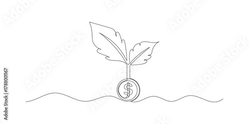 One Continuous line drawing of money tree plant with coin dollar