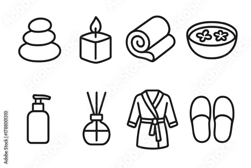 Spa Essentials Icons. Spa Rituals linear icon set: stone stack, candle flame, towel roll, bowl of petals, lotion bottle, diffuser, bathrobe, slippers.