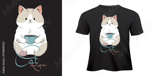 Cute cartoon vector illustration of black and white cat and dog silhouette with eyes and hearts