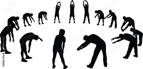 Group Fitness Stretching Silhouettes Vector Set People warming up and bending over Black and white illustration for exercise and health concepts