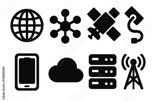 Brutalist Connectivity Icons. Global Connectivity Networks silhouette icon set: globe, network nodes, satellite, data cable, smartphone, cloud, server, signal tower.