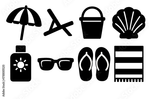 Brutalist Beach Icons. Coastal Relaxation silhouette icon set: striped umbrella, beach chair, sand bucket, seashell, sunscreen bottle, sunglasses, flip flops, beach towel.