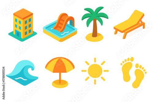 Isometric Beach Icons. Beach Resorts modern flat icons set: resort building, swimming pool, palm tree, beach chair, ocean wave, cocktail umbrella, sun, footprints in sand.