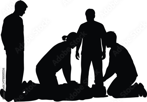 Group Silhouette Performing CPR and Emergency First Aid on Victim Vector Illustration