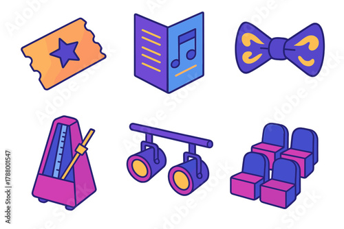 Evening Show Icons. Evening Performance modern flat icons set: ticket, concert program, bow tie, metronome, stage lights, audience seats.