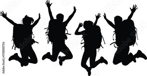 Happy jumping hikers silhouettes set of travelers with large backpacks celebrating freedom and success on white background