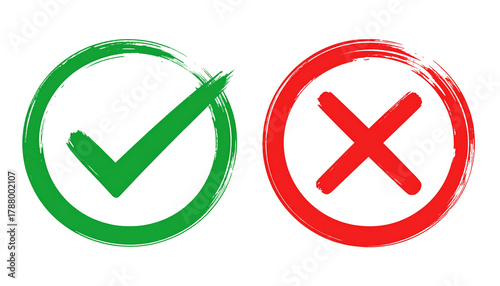 A green tick mark inside a circle and a red X mark inside a circle, isolated on a white background, perfect for indicating correct and incorrect choices or approvals and rejections.