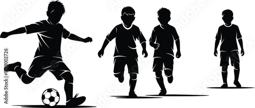 Soccer Players Silhouette Set Young Boys Kicking and Running Football Activities Vector Illustration Black and White Graphic