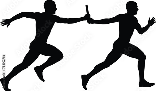 Black Silhouette of Two Male Runners Performing Relay Baton Exchange Vector Illustration