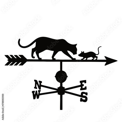 Nice cat and mouse weather vane silhouette on  transparent background, isolated, vector
