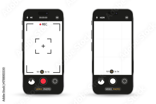 Smartphone Camera Interface. Viewfinder, Grid, Buttons, Lights, and Focus Controls in Mobile Photography App. Photo and Video UI for Mobile Apps. Vector illustration