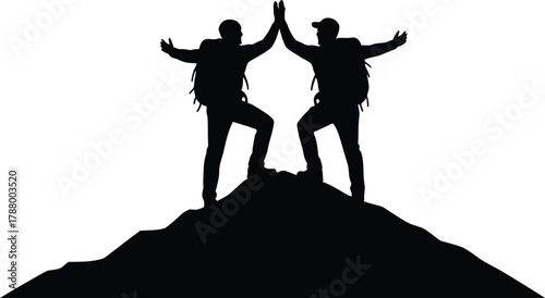 Two Hikers High Five on Mountain Peak Silhouette Vector Illustration