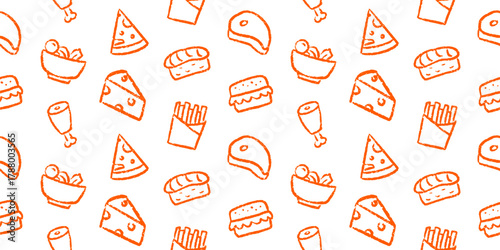 Seamless food doodle pattern. Hand drawn vector background with various lunch and fast food icons like pizza, steak, burger, sushi, french fries, and cheese.