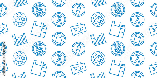Seamless plastic pollution and ecology crisis pattern. Zero waste background with linear icons of recycling, plastic bag, bottle, no straw, ocean waste, and graph