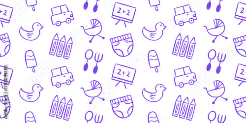 Seamless baby and kids doodle pattern. Childcare elements vector background with toys, pram, diapers, car, rubber duck, crayon, ice cream, spoon and fork.