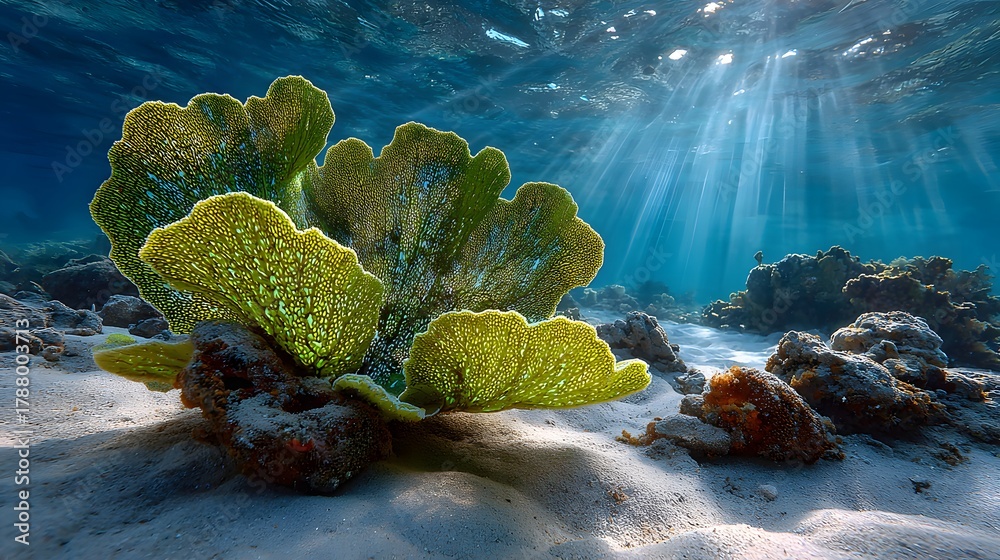 Fototapeta premium Stunning underwater photograph of a large, vibrant green brain coral on the sandy ocean floor. Sunbeams pierce through the deep blue water.