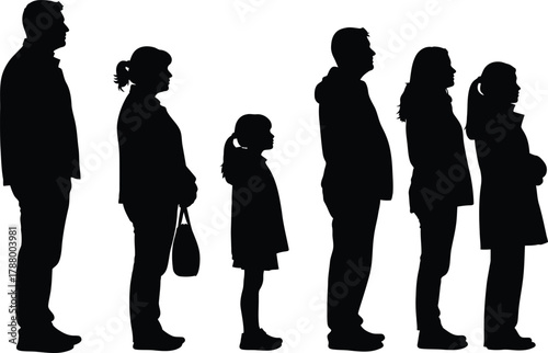 Group of diverse people standing in a queue line set Black silhouettes in profile view waiting illustration graphic