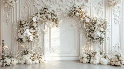 Floral archway adorns a white wall in a bright room for an event backdrop