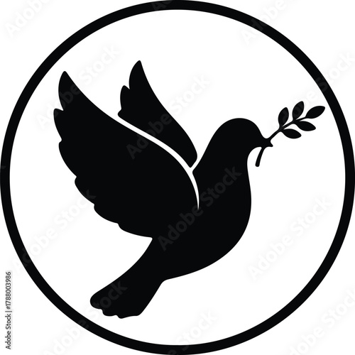 Illustration peace dove carrying olive branch in circle silhouette vector