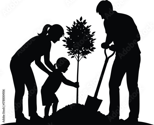 Family Planting Tree Silhouette Vector Illustration of Parents and Child Gardening Ecology and Environmental Care