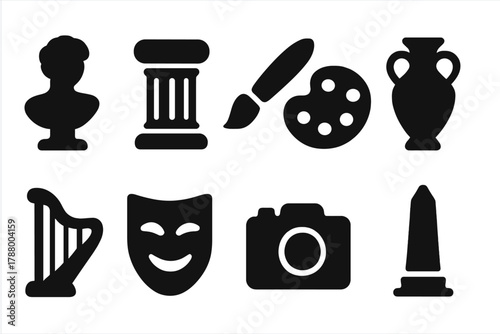 Art and culture silhouette icon set. Theater, music, architecture in silhouette style.