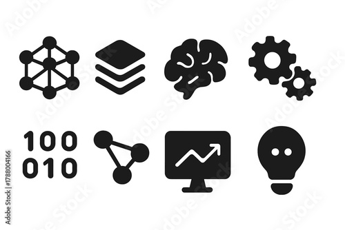 Technology, data silhouette icon set for apps and websites, includes ai, network, gear