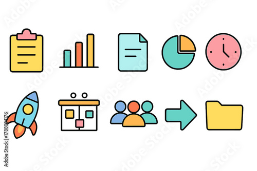 Business and productivity flat icon set. Office, management, work icons collection
