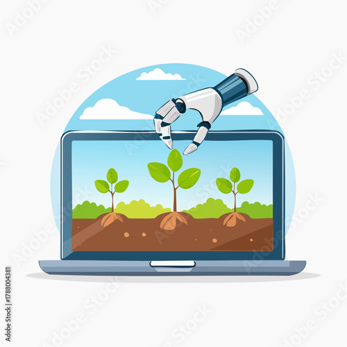 Robotic hand tending to plants growing on a laptop screen, symbolizing AI in agriculture and digital growth.