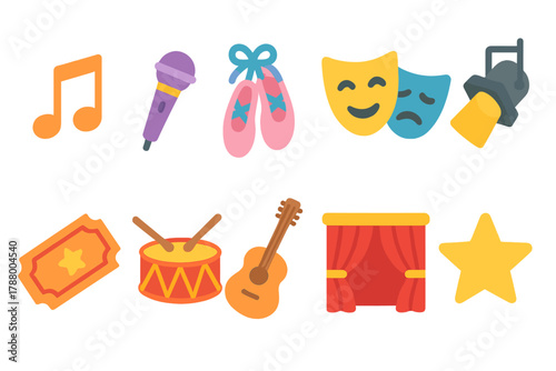 Performing arts neon icon set. Music, dance, theater neon icons collection