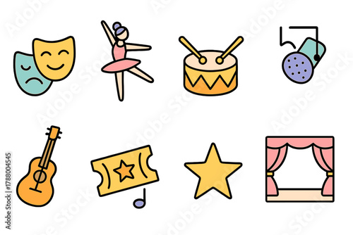 Performing arts icon set. Music, dance, theater flat icons collection