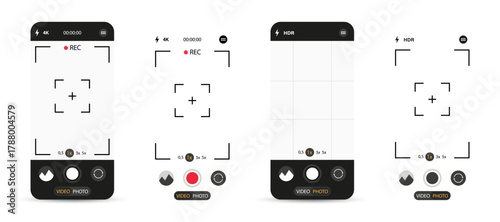 Smartphone Camera Interface. Viewfinder, Grid, Buttons, Lights, and Focus Controls in Mobile Photography App. Photo and Video UI for Mobile Apps. Vector illustration