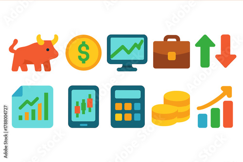Finance, business flat icon set. Graphs, money, investment icons flat collection