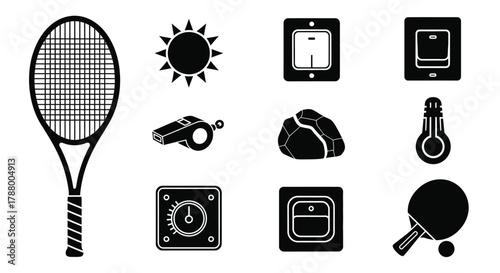 Assortment of black icons for sports and daily life on a white background Keywords: tennis racket icon, sun icon, switch icon, light switch icon, whistle icon, rock icon, thermometer icon, timer