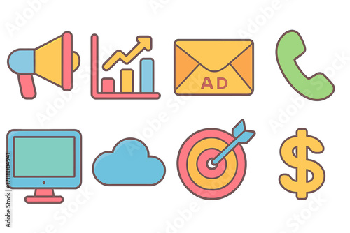 Marketing and business flat icon set. Advertising, strategy, communication essentials.