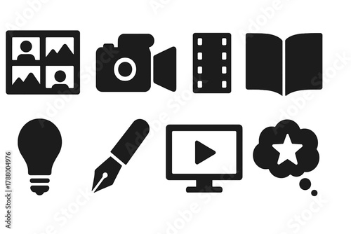 Multimedia, photography silhouette icon set. Video, photo editing stylish silhouette pack