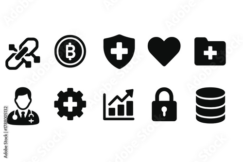 Medical and security silhouette icon set. Healthcare, protection symbol collection.