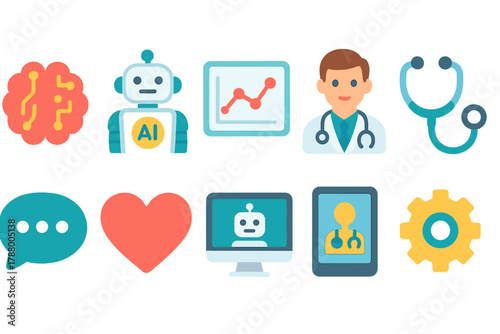 Ai and healthcare flat icon set. Technology, healthcare, ai icons flat collection