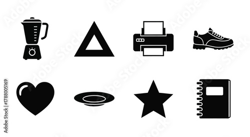 Assortment of Silhouetted Objects Including a Blender, Triangle, Printer, Shoe, Heart, Plate, Star, and Notebook Keywords: blender, mixer, kitchen appliance, food preparation, triangle, geometric